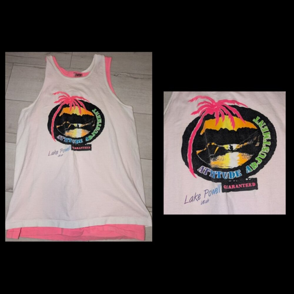 VINTAGE Lake Powell UT Hot Pink & White 80s Layered Tank Top Shirt Surfer Skater